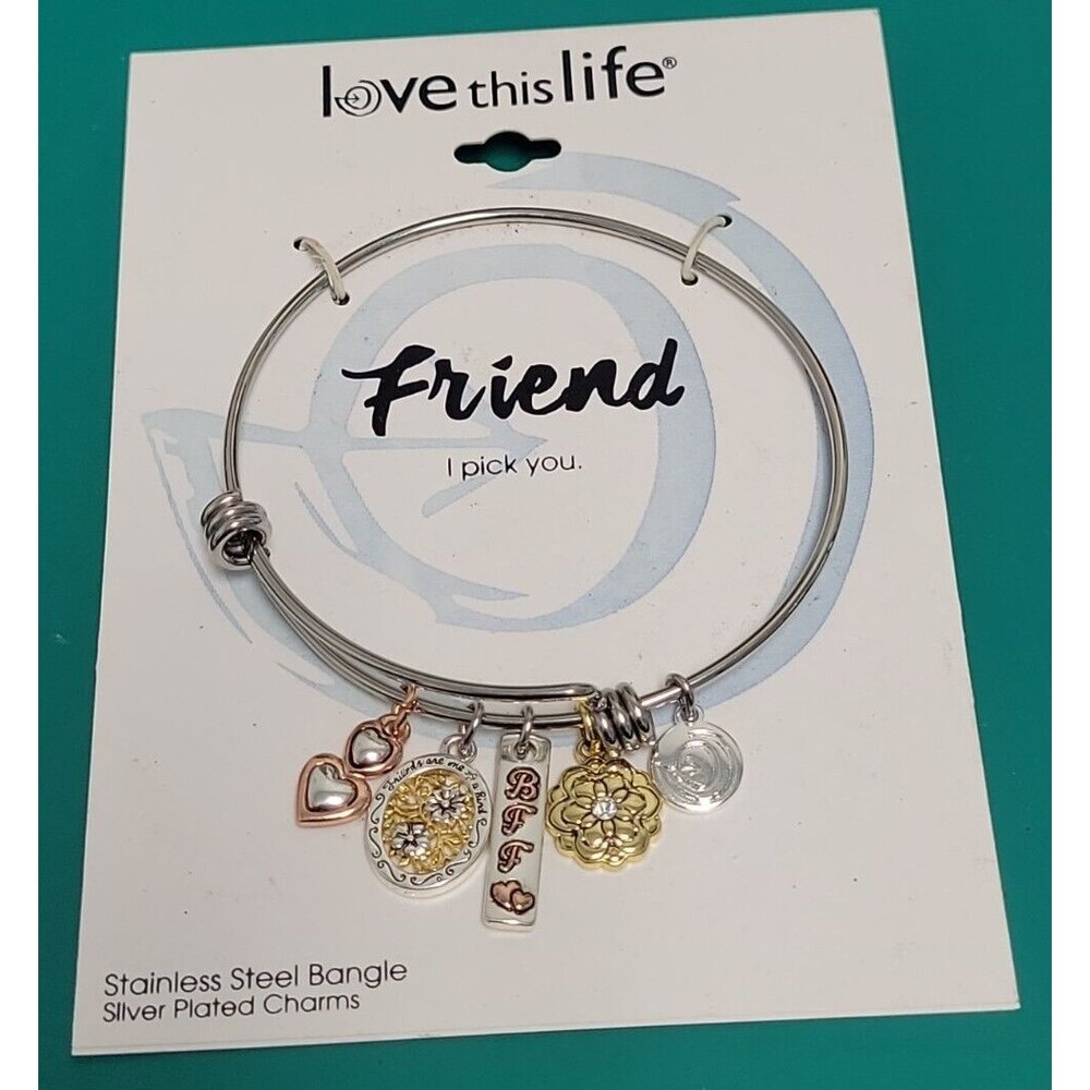 Love This Life “Friend I Pick You” Stainless Steel Bangle Silver Plated Charms